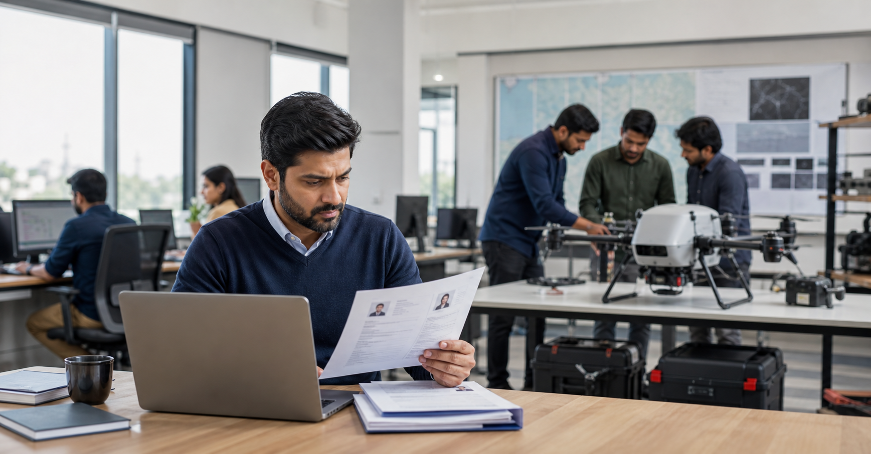 A recruiter reviewing candidate profiles alongside a drone engineering team